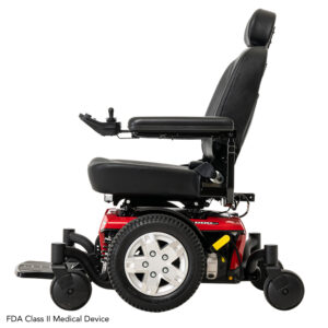 A side view of a Jazzy 600ES Power Wheelchair with a black seat, armrests, red base, large rear wheels, and small front wheels.