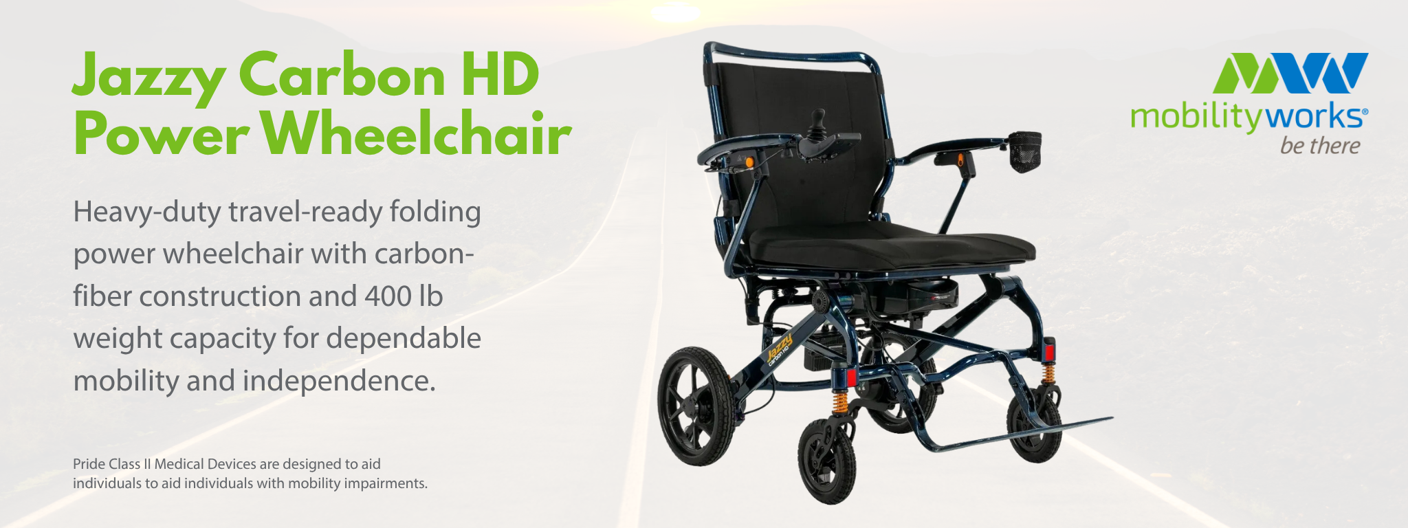 Jazzy Carbon HD Power Wheelchair with black seat, armrests, and large wheels is shown on an empty road, alongside MobilityWorks logo and product details on a light background.