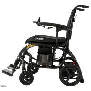 A side view of the Jazzy Carbon 27X Power Wheelchair in black, featuring a joystick control on the armrest and a visible battery pack beneath the seat.