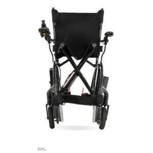 A rear view of the Jazzy Carbon 27X Power Wheelchair in black, featuring a left armrest joystick control, shown against a white background.