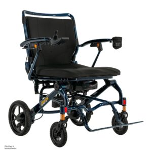 A blue and black Jazzy Carbon HD Power Wheelchair with padded seat, armrest joystick control, footrest, cup holder, and four wheels.