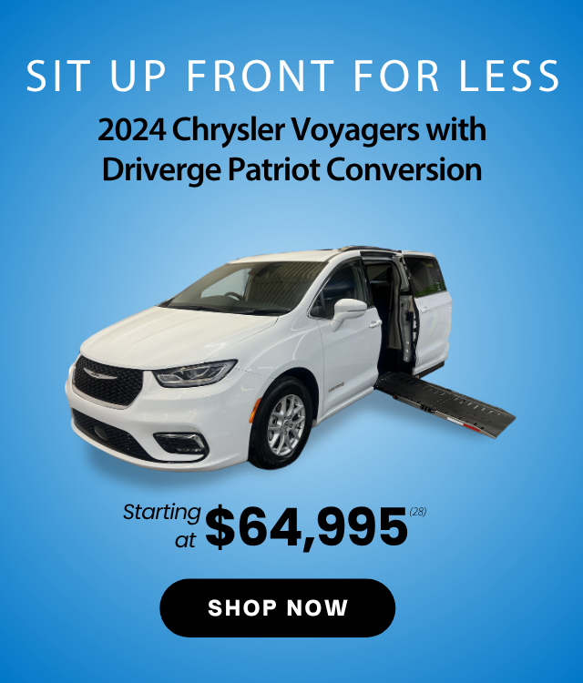 White 2024 Chrysler Voyager with Driverge Patriot wheelchair ramp conversion on display, price starting at $64,995, with Shop Now button below.