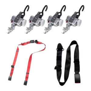 The PROTEKTOR 2.0 SilverSeries set includes four retractors with lap and shoulder belts, silver wheelchair tie-down hooks with black straps, a red dual-strap harness, and a black single-strap harness with buckle against a white background.
