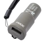 A gray Pride Mobility XLR USB Charger KIT2001524 with a USB port, wrist strap, and certification markings on the side.