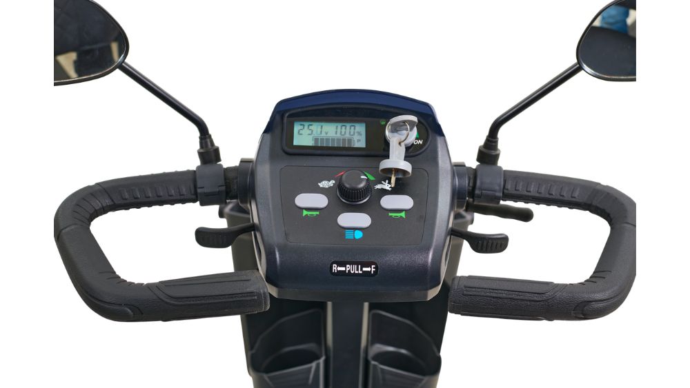 Close-up of the Companion 4-Wheel Scooter’s handlebar and control panel, featuring buttons, a display screen, and an ignition key.