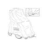 Line drawing of a Pride Mobility Power Chair covered by the Large Weather Cover, with an inset showing hands tightening its drawstring at the base.