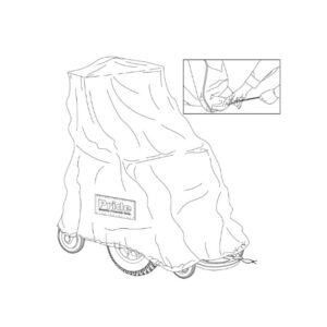 Line drawing of a Pride Mobility Power Chair covered by the Large Weather Cover, with an inset showing hands tightening its drawstring at the base.