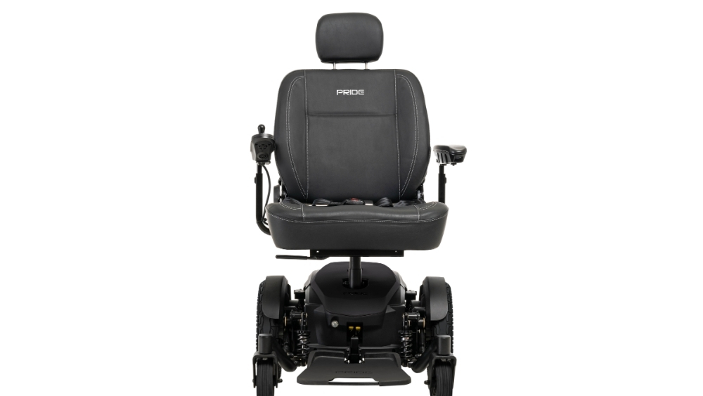 A black Jazzy EVO 614HD Power Wheelchair with joystick control, headrest, and armrests, shown from the front against a white background.
