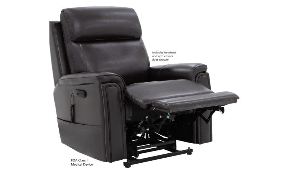 The Evolution Lift Chair is a black leather recliner with a raised footrest, classified as an FDA Class II medical device. Headrest and arm covers are included but not shown.