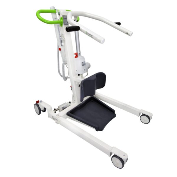 The Levanto Mobile Patient Lift is a white and green unit featuring wheels and a footplate, expertly designed for seamless mobility assistance.