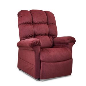 The Cloud Lift Chair, in plush maroon with padded armrests and a high tufted backrest, is displayed against a white background.