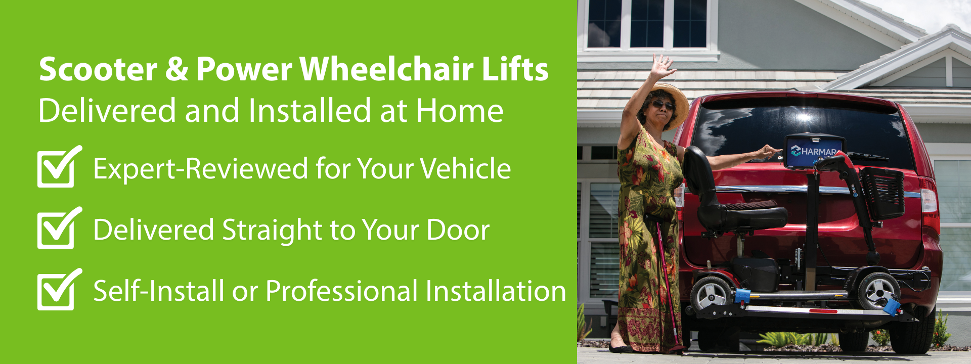 A woman waves next to a red SUV with a power wheelchair lift on its rear, parked in front of a house. Text highlights home delivery and installation options.