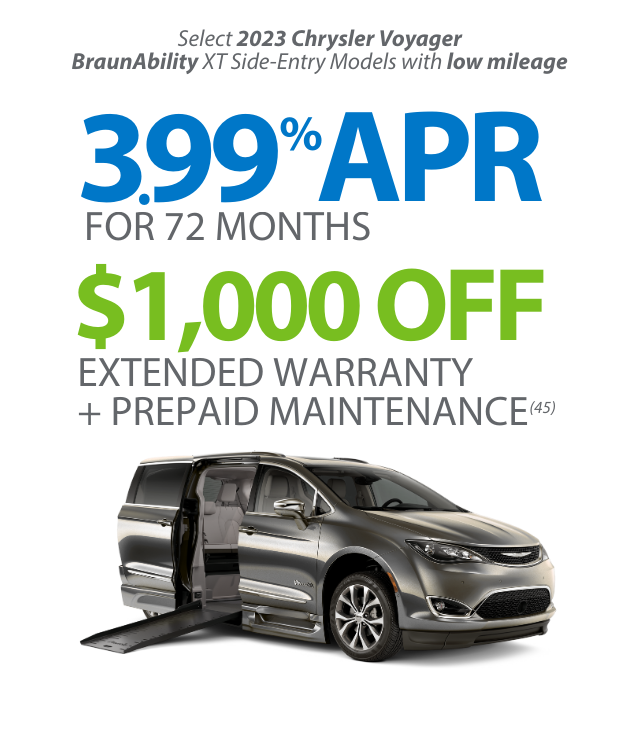 Gray minivan with wheelchair ramp extended is shown below text promoting 3.99% APR for 72 months and $1,000 off with extended warranty and prepaid maintenance for 2023 Chrysler Voyager.