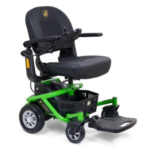 The LiteRider Envy Power Wheelchair is green and black, features joystick control, large rear wheels, a footrest, and a storage basket under the seat.