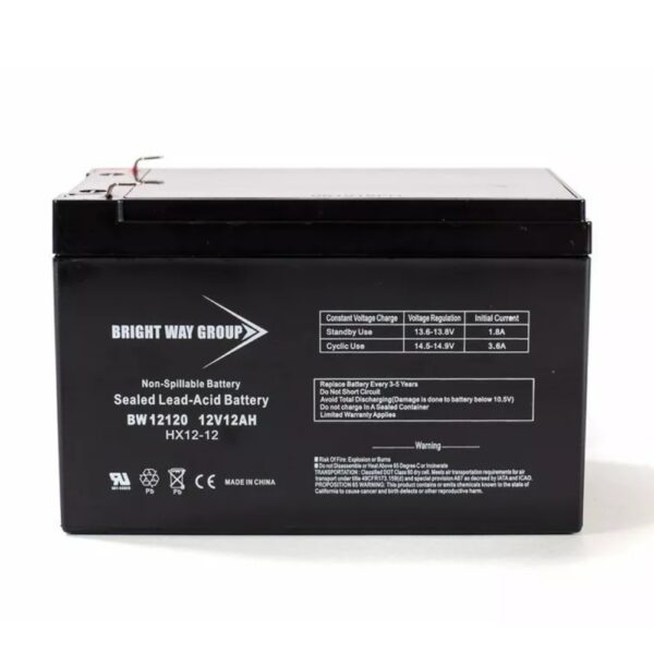 Rectangular black sealed lead-acid battery labeled “Golden Technologies 12V/12AH Battery,” featuring specifications of 12V, 12Ah, and model BW12120 printed on the front.