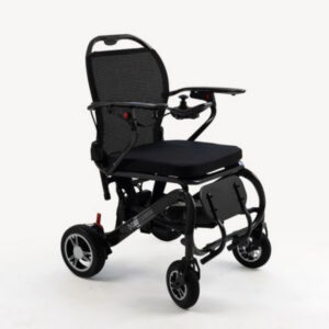 A black, foldable Monarch Mobility MM60 Carbon electric wheelchair with a mesh backrest and joystick controller on the armrest.