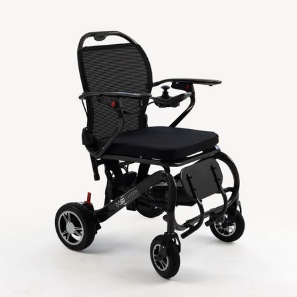 A black, foldable Monarch Mobility MM60 Carbon electric wheelchair with a mesh backrest and joystick controller on the armrest.