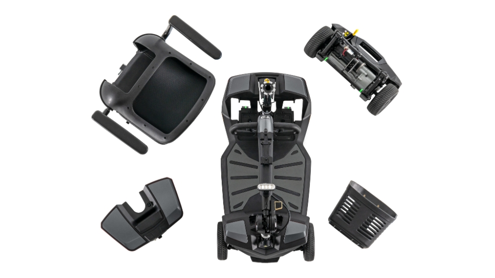Four separate components of the Go Go® Endurance AL+ 4-Wheel Scooter are arranged on a white background, displaying the seat, battery pack, rear wheel assembly, and main body from an overhead perspective.