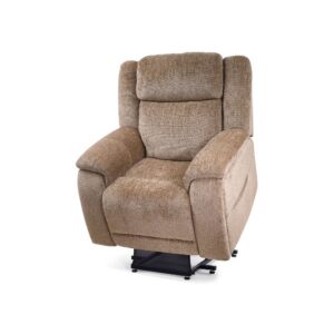 The Halo! Lift Chair is a brown upholstered recliner with padded armrests and a high back, displayed on a white background.