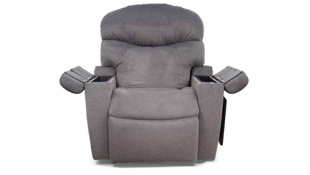 Cloud with Twilight Lift Chair features a soft gray finish and plush padded backrest that evokes cloud-like comfort in twilight hues. Each arm includes two open storage compartments, while the right side is equipped with a convenient slide-out tray. Positioned forward against a white background, this reclining lift chair beautifully blends functionality and style.