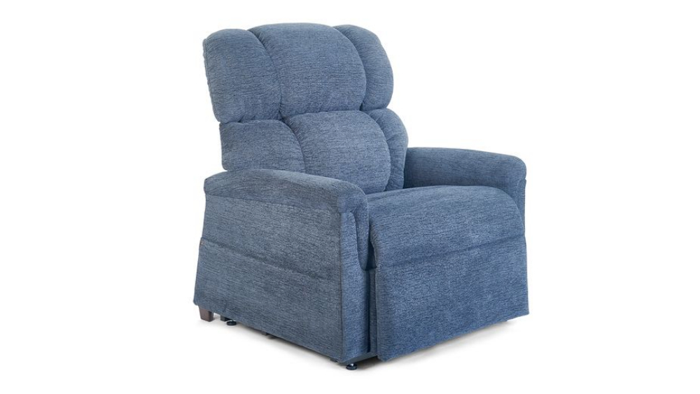 Relaxer Lift Chair in blue upholstery, featuring a padded backrest and armrests, displayed against a white background.