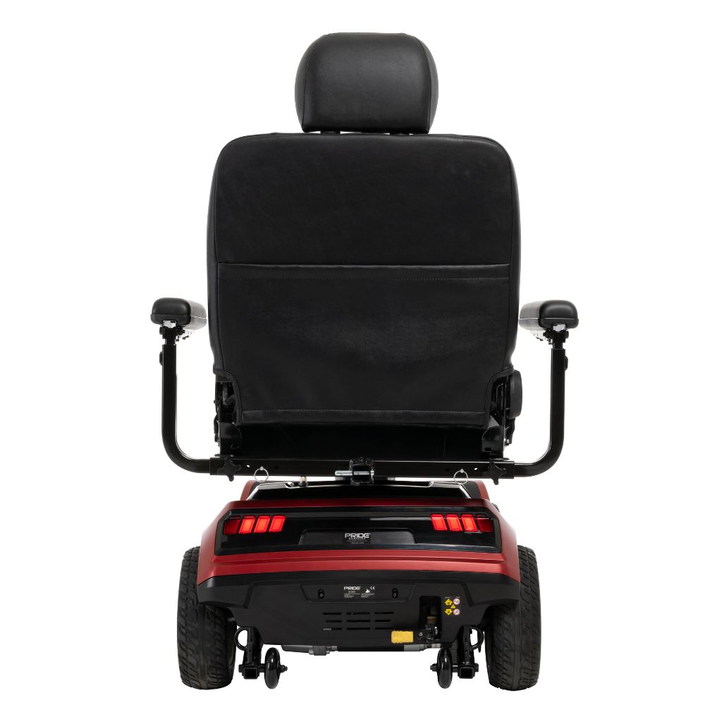 Rear view of a red Maxima 4-Wheel Scooter with black cushioned seat, armrests, and large backrest, positioned on a white background.