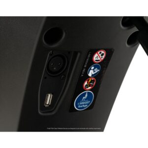 Close-up of a Maxima 4-Wheel Scooter control panel featuring an XLR port, a USB port, and stickers displaying safety warnings and a 500 lb (227 kg) weight limit.