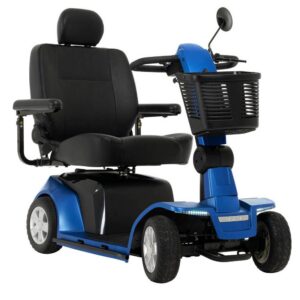 Maxima 4-Wheel Scooter in blue and black, featuring a padded seat, armrests, a front basket, and four wheels, displayed against a white background.