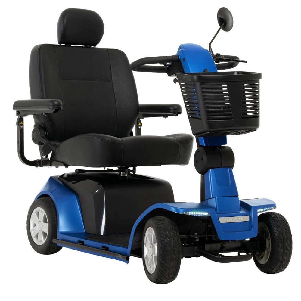 Maxima 4-Wheel Scooter in blue and black, featuring a padded seat, armrests, a front basket, and four wheels, displayed against a white background.