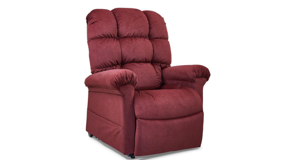 The Cloud Lift Chair is a plush maroon recliner featuring padded armrests and a high, tufted backrest, displayed against a white background.