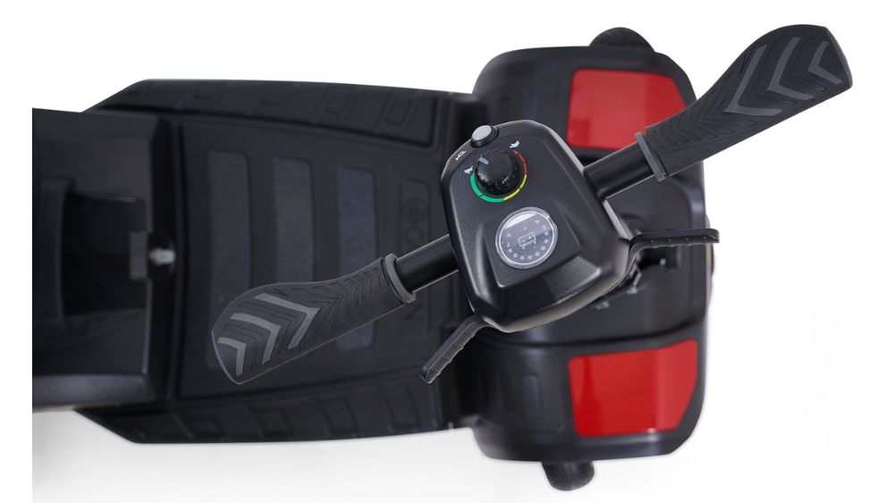 Top view of the BuzzAround LT 4-Wheel Scooter’s handlebars and control panel, with red rear reflectors and textured footrest visible.