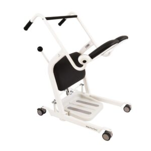 The Levanto Mobile Patient Lift is a white and black mobile device equipped with wheels and adjustable arm supports.