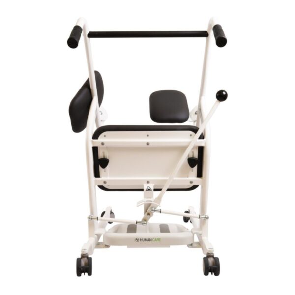 The Levanto Mobile Patient Lift is white, with black padding, wheels, and a handle for mobility support.