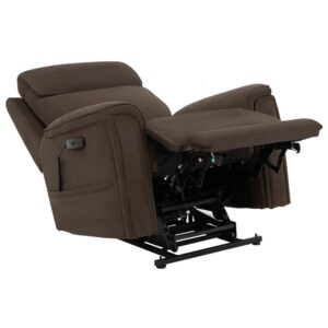 The Evolution Lift Chair, upholstered in brown fabric, is shown partially reclined with its footrest extended and the metal reclining mechanism visible.