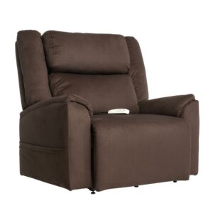 The Evolution Lift Chair is a brown upholstered lift chair with padded armrests and backrest, featuring a remote control placed on the seat.