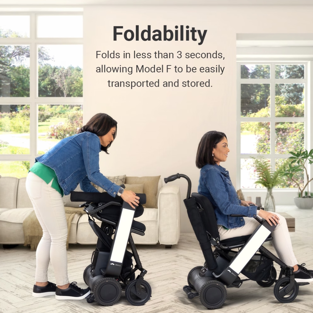 Two women demonstrate the WHILL Model F: one folds the wheelchair while standing, and the other sits in it, with text highlighting its quick, three-second folding feature for convenient portability and storage.