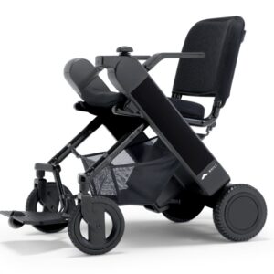 WHILL Model F folding, lightweight electric wheelchair with a black frame, mesh seat, armrests, footrest, and large rear wheels, shown on a white background.