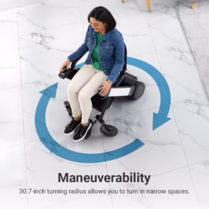 A woman in a WHILL Model F power wheelchair demonstrates its 30.7-inch turning radius on a tiled floor, with blue arrows indicating maneuverability.