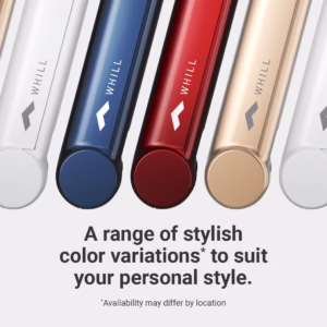Five WHILL Model R products in white, blue, red, gold, and silver are displayed vertically to showcase available color options. Text below highlights the style choices and notes that availability may vary by location.
