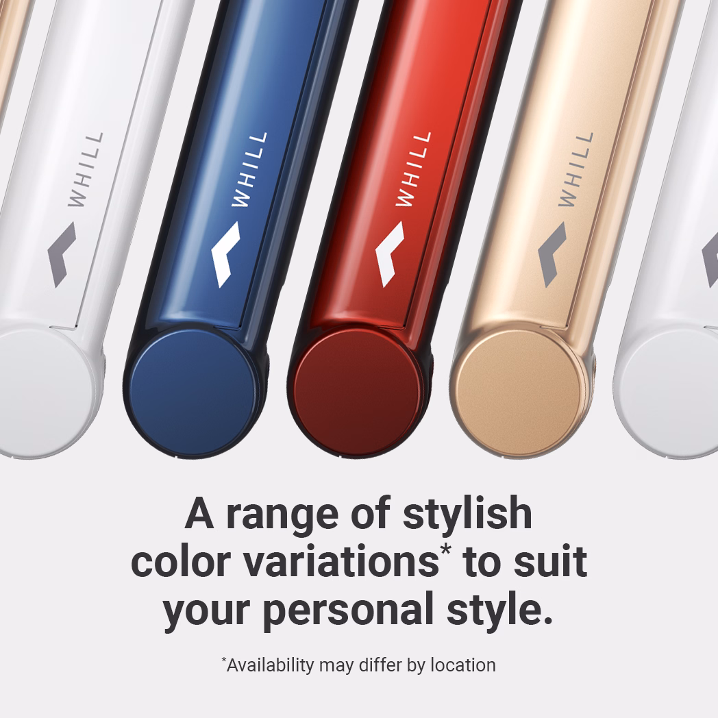 Five WHILL Model R products in white, blue, red, gold, and silver are displayed vertically to showcase available color options. Text below highlights the style choices and notes that availability may vary by location.