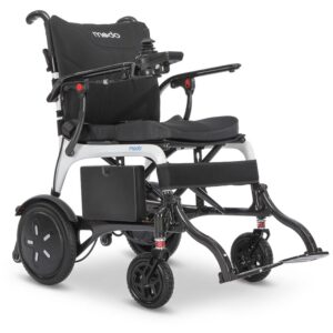 Modo Breeze electric wheelchair with a black seat, padded armrests, joystick control on the right armrest, and large rear wheels. The Modo brand is visible on the headrest.