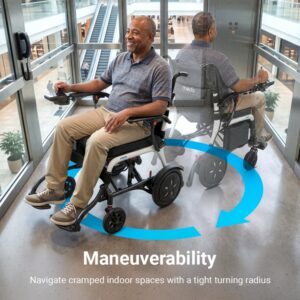A man in a Modo Breeze motorized wheelchair demonstrates turning in a spacious, modern hallway. Text on image reads, Maneuverability. Navigate cramped indoor spaces with Modo Breeze’s tight turning radius.