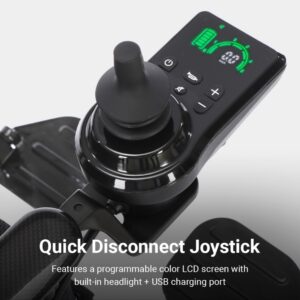 Close-up of the Modo Breeze, a black joystick controller featuring an LCD screen, buttons, and USB port—designed for customizable use with electronic devices.