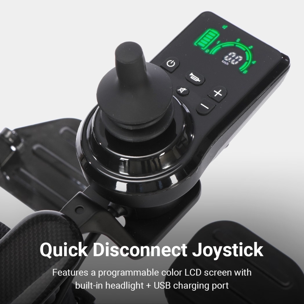 Close-up of the Modo Breeze, a black joystick controller featuring an LCD screen, buttons, and USB port—designed for customizable use with electronic devices.