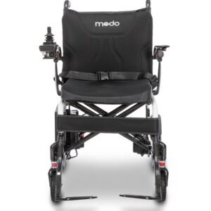 Front view of the Modo Breeze, a black electric wheelchair featuring modo branding, armrests, a seatbelt, and a joystick control on the left armrest.