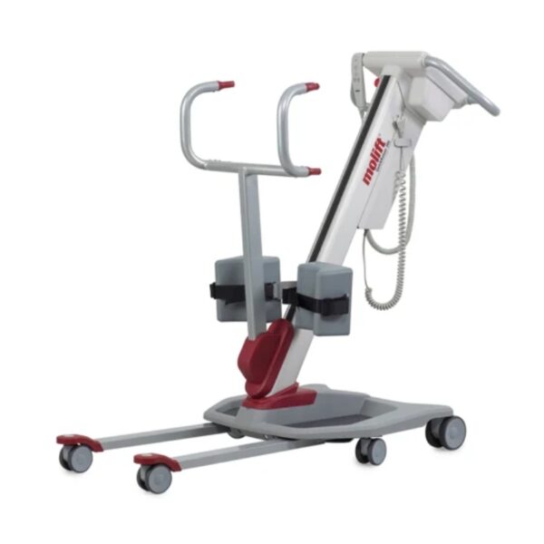 A medical lifting device with wheels, handlebars, and a battery unit. It is designed for patient mobility assistance and has a gray and red color scheme.
