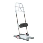 The Molift Raiser Pro is a foldable mobility aid device featuring a padded knee support and wheels, allowing easy transport.