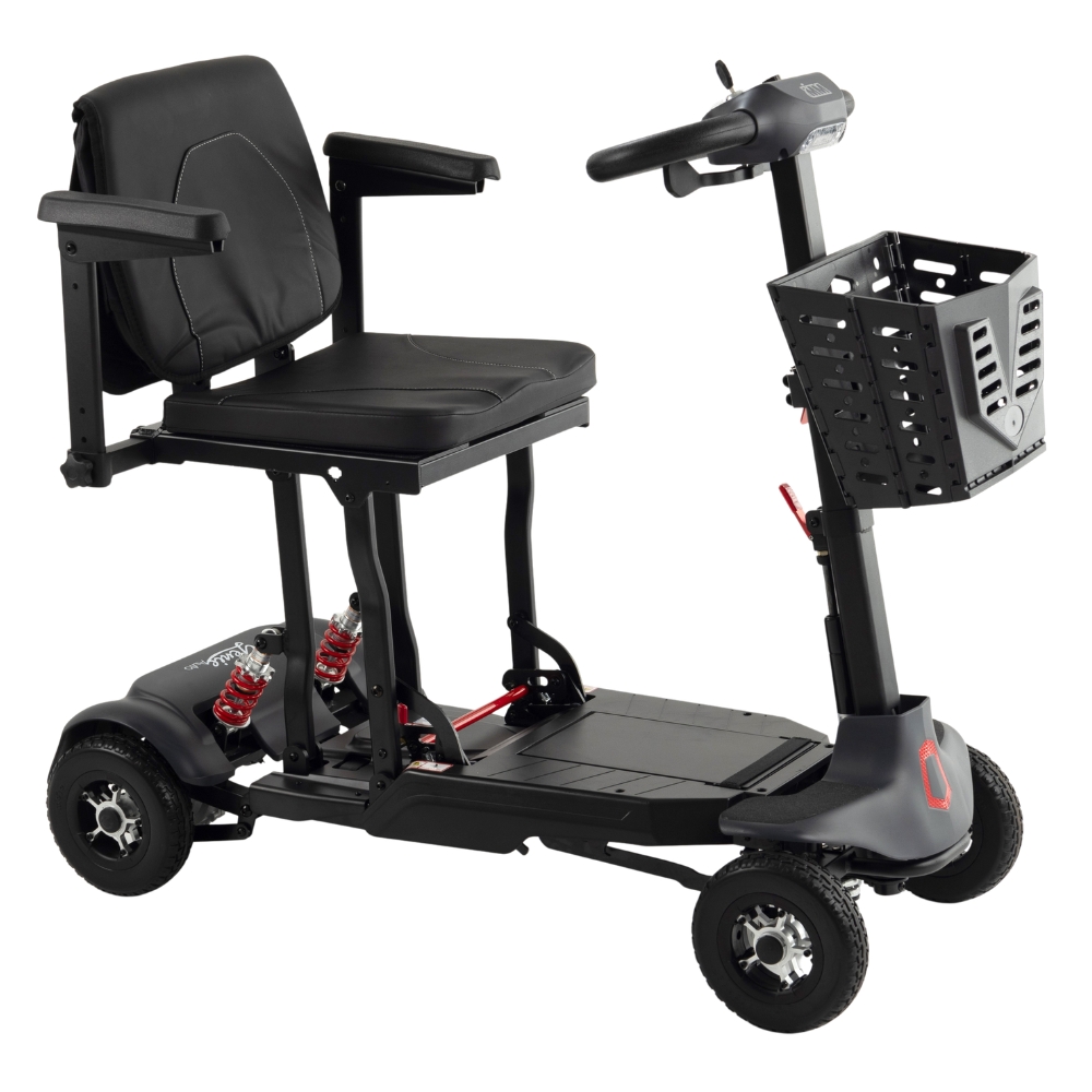 Genie Auto 4-Wheel Scooter with a padded black seat, armrests, a front basket, and handlebars.
