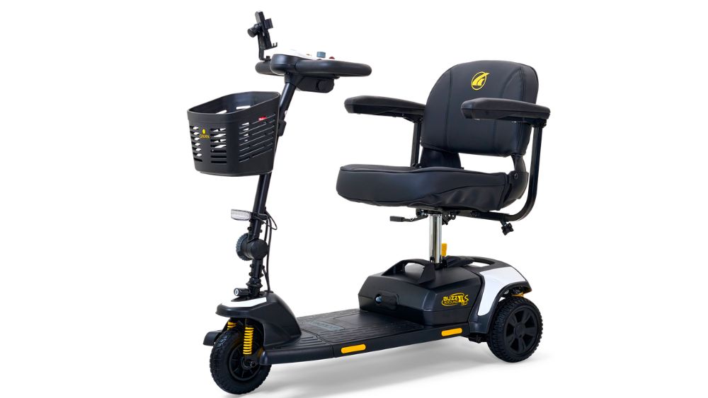 The BuzzAround XLS-HD 3-Wheel Scooter features a black frame, padded seat with armrests, easy-grip handlebars, user-friendly control panel, front storage basket, and compact wheels—offering comfort and reliability for convenient travel every time.