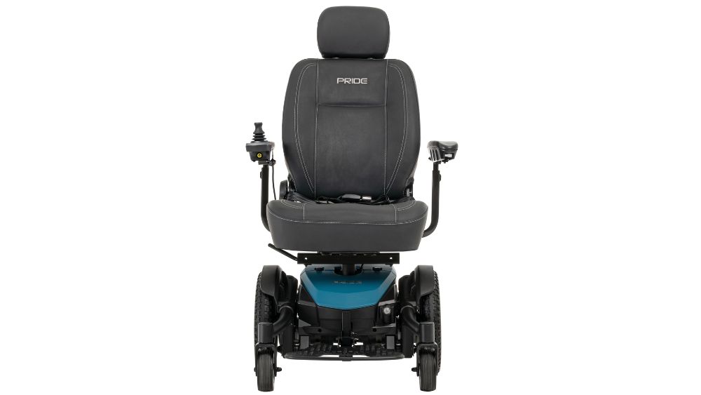 Front view of a black Jazzy EVO 613 Power Wheelchair featuring a high backrest, headrest, armrests, left-mounted joystick control, and a blue base.